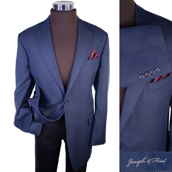 Joseph & Feiss Sport Coat Jacket Blazer Windowpane Poly Blend Sz 44XL Two Button - Picture 1 of 13